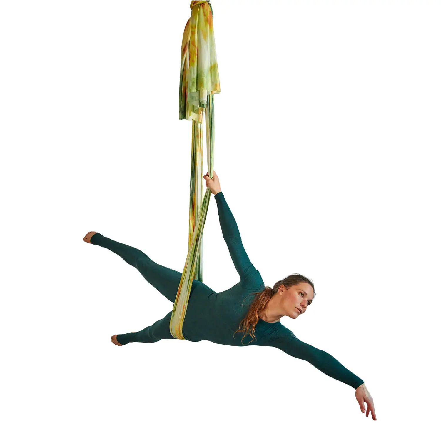 Grüne, orange und weiße, wenig dehnbare Tuchschlaufe Wiesenwind, ideal für Aerial Yoga, erhältlich im Luftakrobatik Shop.