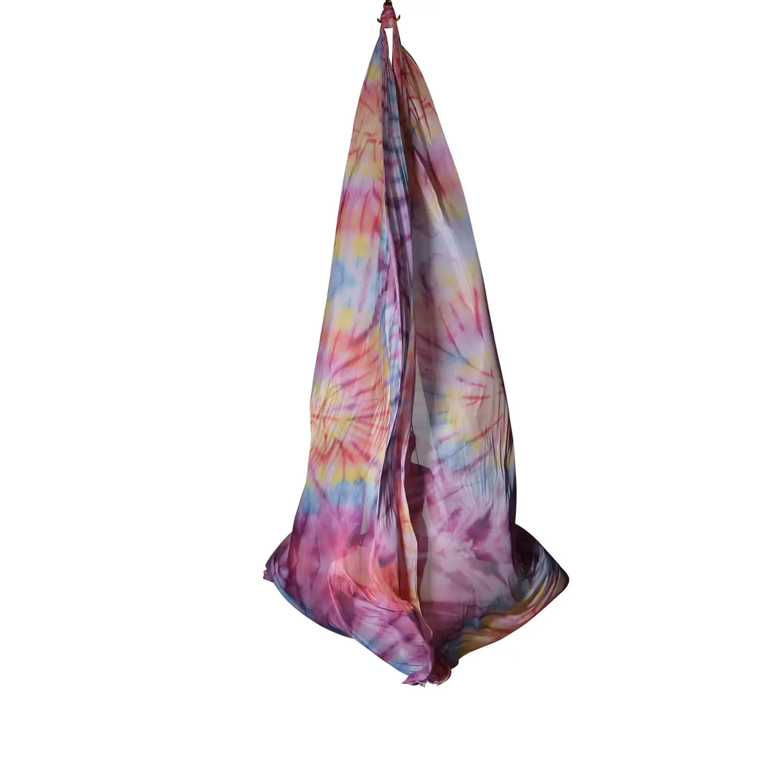 Regenbogenfarbenes Vertikaltuch, wenig dehnbar, ideal für Aerial Silk-Übungen. Findet es im Luftakrobatik Shop.