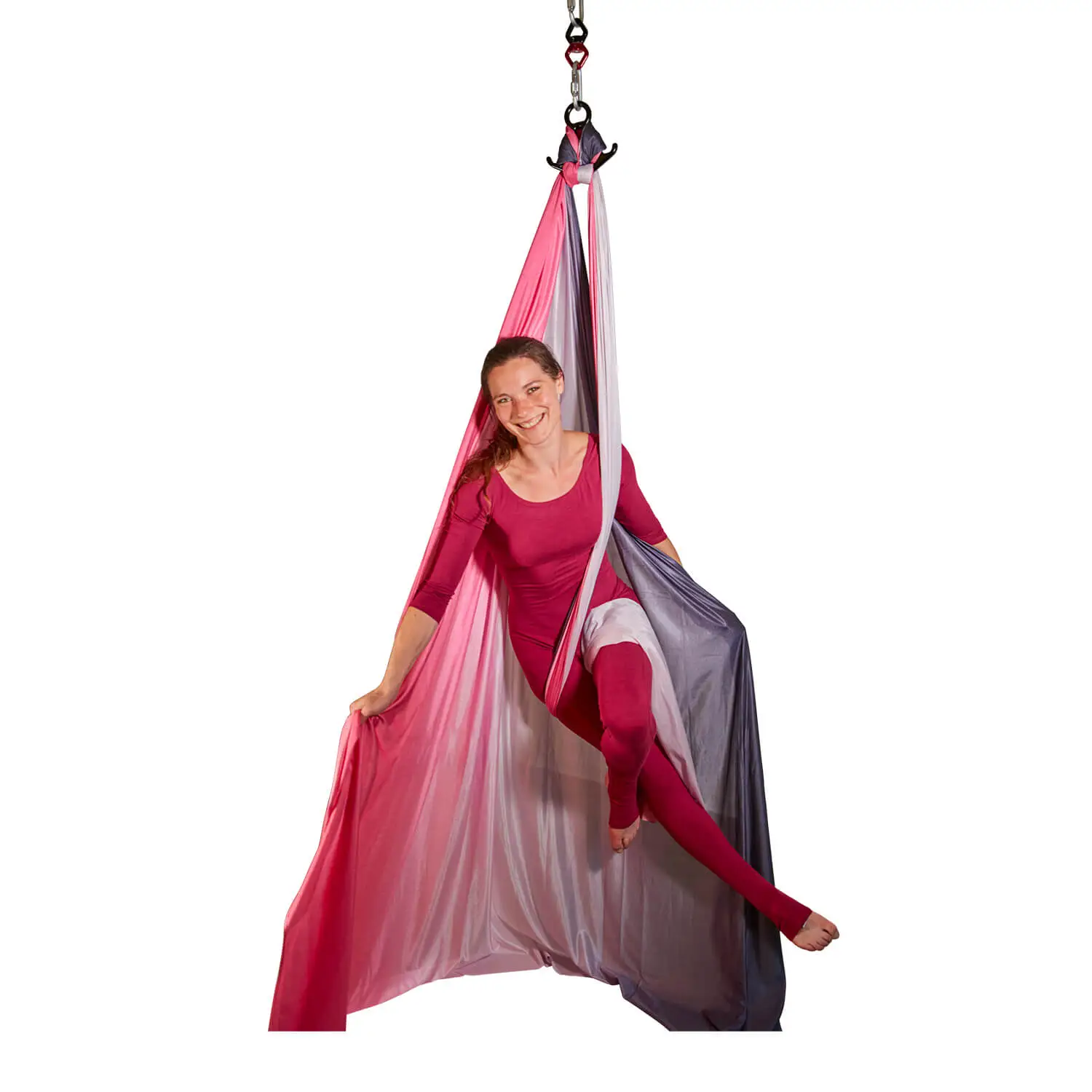 Aerial Silk Vertikaltuch in Pink, Schwarz und Weiß, wenig dehnbar und 22 Meter lang, ideal für Anfänger, erhältlich im Luftakrobatik Shop.