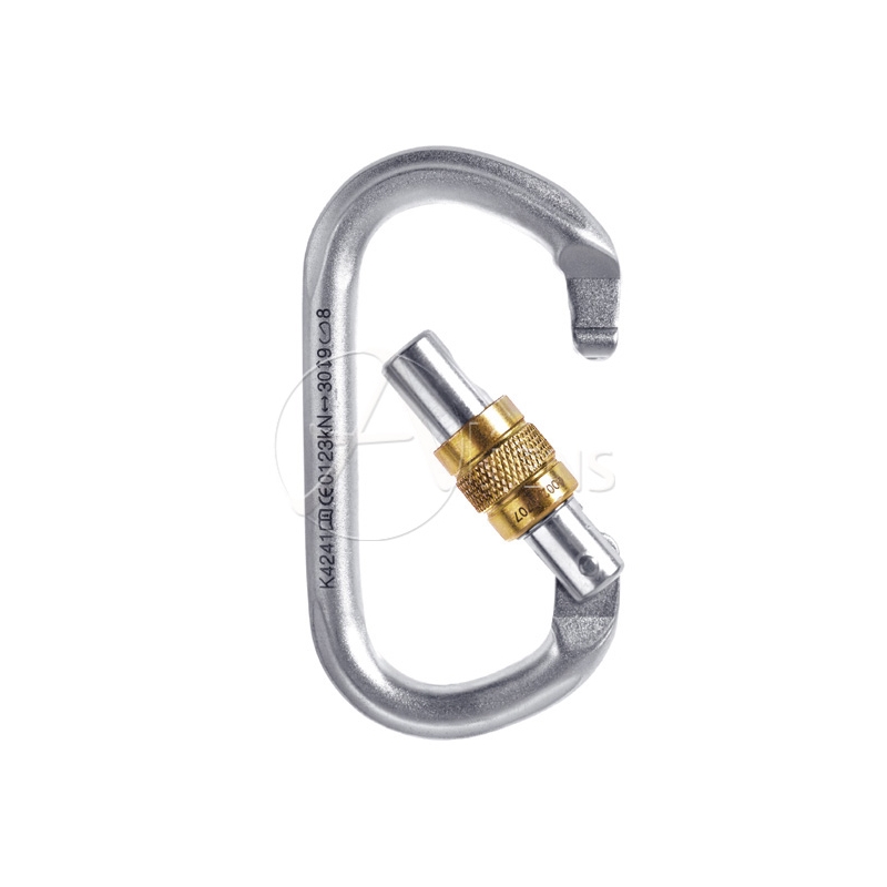 Ovale Stahlkarabiner in Silber mit goldenem Schraubverschluss; robust und handlich, ideal für Luftakrobatik und sicheres Klettern. Luftakrobatik Shop.