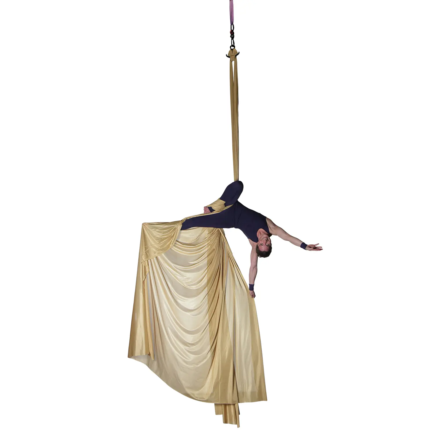 Glänzendes, goldenes Vertikaltuch in 20 Meter Länge, perfekt für atemberaubende Aerial Silk Performances und artistische Luftakrobatik.