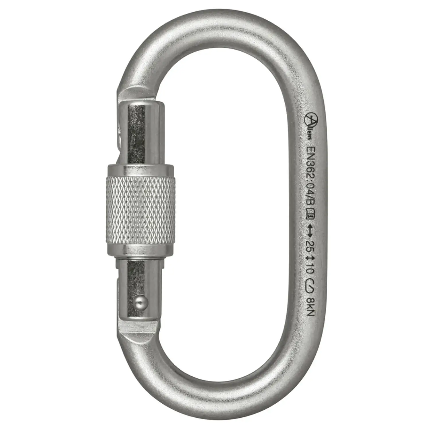 Silberner HMS-Karabiner aus Stahl mit Dreh-Verschluss für Luftakrobatik. Ideal zum Aufhängen, geprüft bis 2700 Kg, erhältlich im Luftakrobatik Shop.