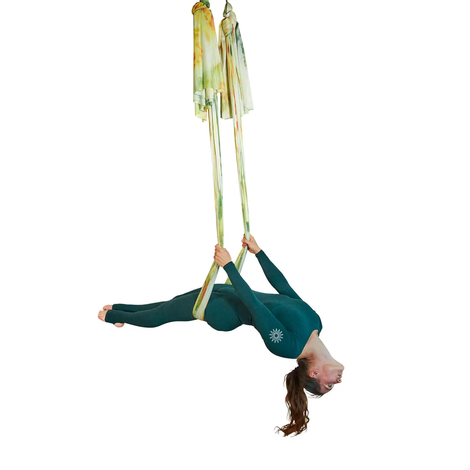 Bunte Tuchschlaufe in grün, orange und weiß für Aerial Yoga, wenig dehnbar. Ein Bestseller im Luftakrobatik Shop, ideal für deine Praxis.