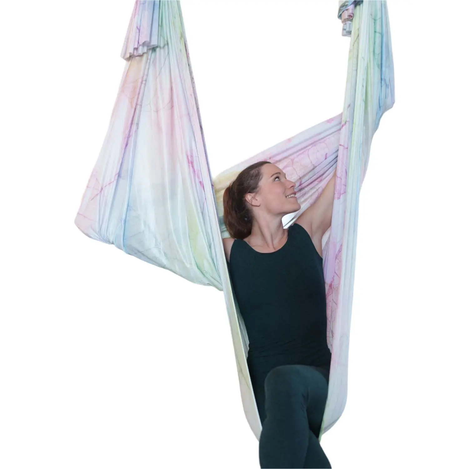 Das wenig dehnbare Aerial Yoga Tuch Blättertraum erstrahlt in leuchtenden Blau-, Gelb-, Grün- und Weißtönen, erhältlich im Luftakrobatik Shop.