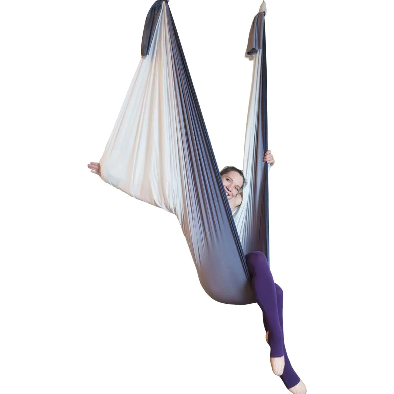 Schwarzweiß gestreiftes Aerial Yoga Tuch, wenig dehnbar. Perfekt für die Luftakrobatik, verfügbar beim Luftakrobatik Shop. 5 Meter Länge.