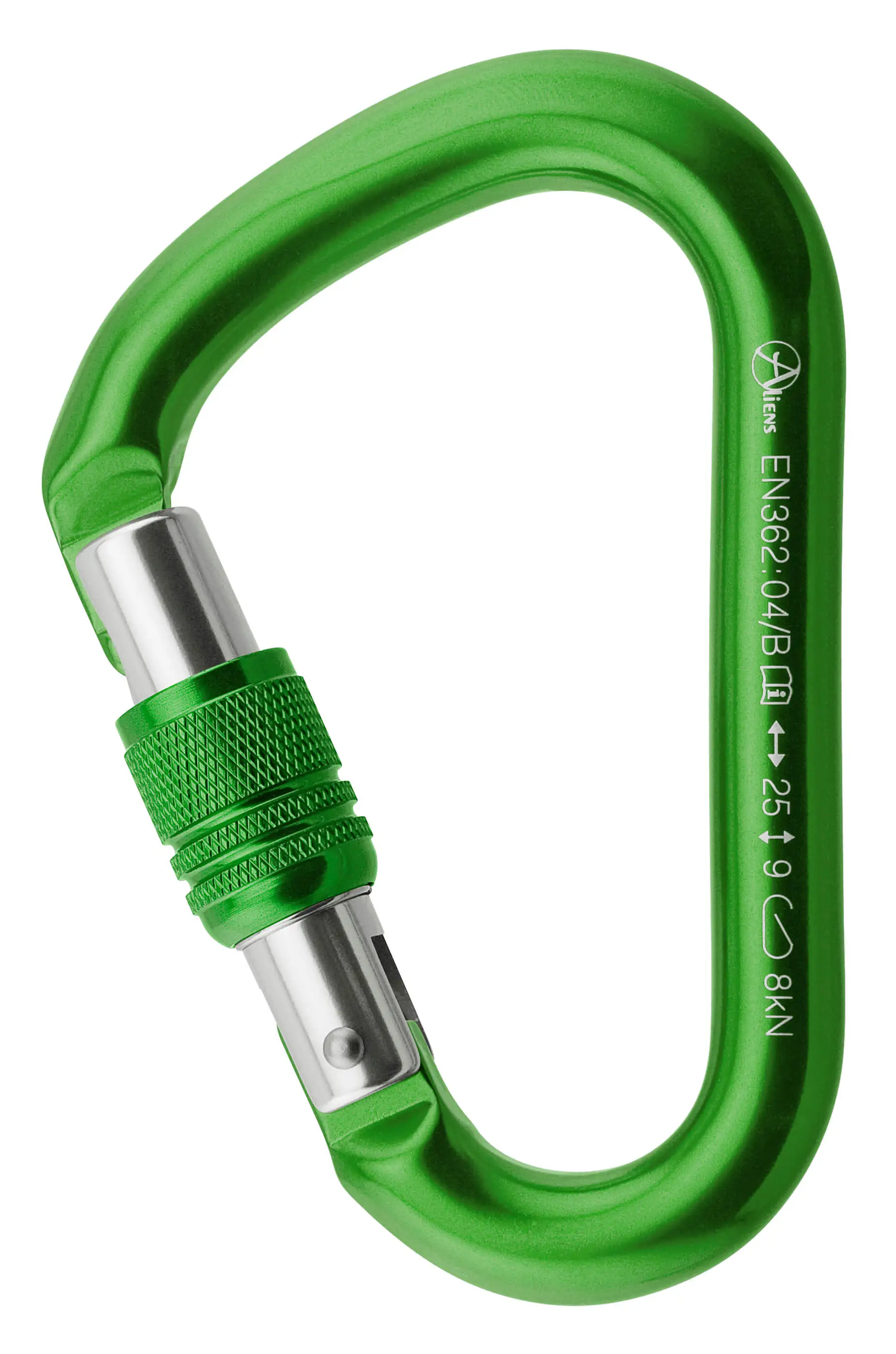 Roter Karabiner mit Drehverschluss, ideal für Luftring- und Vertikalseil-Akrobatik, max. Belastung 2500 kg, aus Aluminium, erhältlich bei Marlene Kiepke.