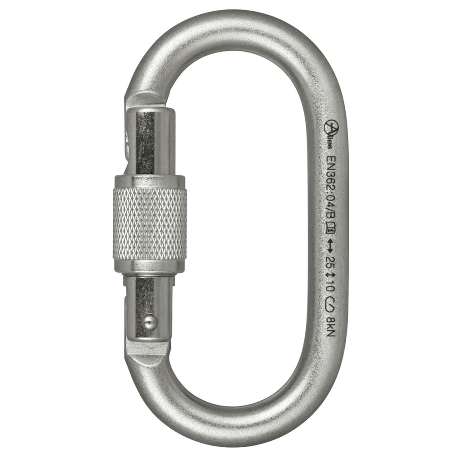 Ein silberner und schwarzer ovaler Stahlkarabiner mit Dreh-Verschluss, geeignet für bis zu 2700 kg Belastung, erhältlich im Luftakrobatik Shop. Ein silberner und schwarzer ovaler Stahlkarabiner mit Dreh-Verschluss, geeignet für bis zu 2700 kg Belastung, erhältlich im Luftakrobatik Shop.