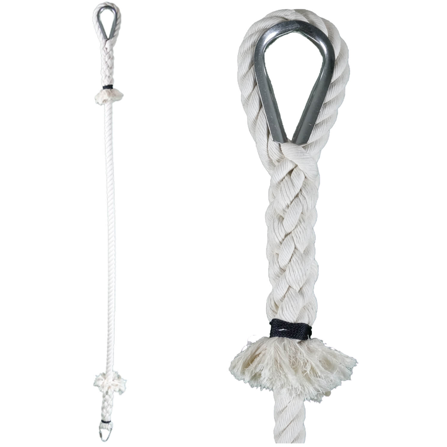 Nahaufnahme eines 2 Meter langen Baumwoll-Luftringseils in natürlichem Weiß, ideal für Luftakrobatik. Erhältlich im Luftakrobatik Shop. Nahaufnahme eines 2 Meter langen Baumwoll-Luftringseils in natürlichem Weiß, ideal für Luftakrobatik. Erhältlich im Luftakrobatik Shop.