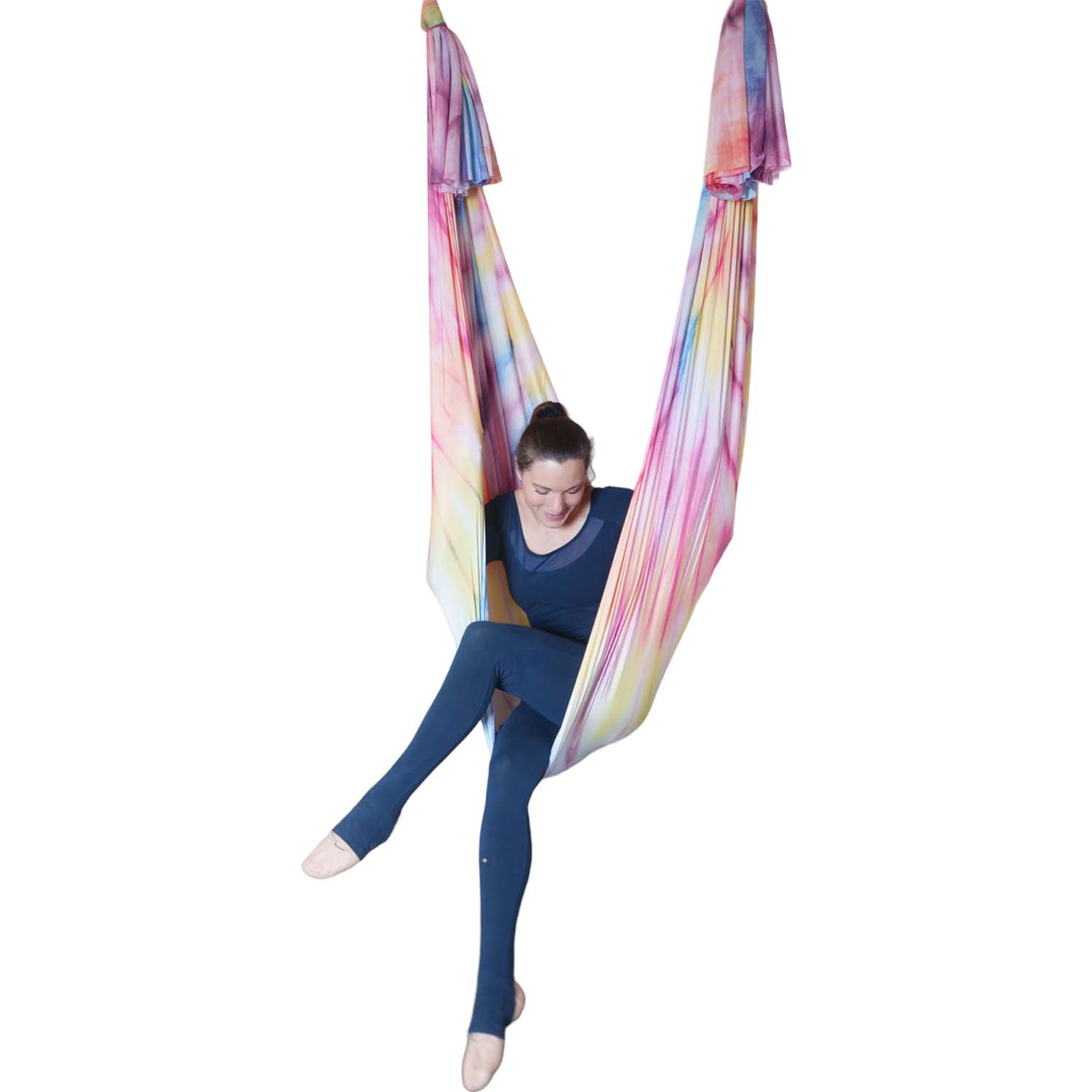 Bunte Tuchschlaufe in den Farben Blau, Gelb und Rot, wenig dehnbar, für Aerial Yoga und Luftakrobatik, erhältlich bei Marlene Kiepke. Tuchschlaufe Regenbogen 7 meter