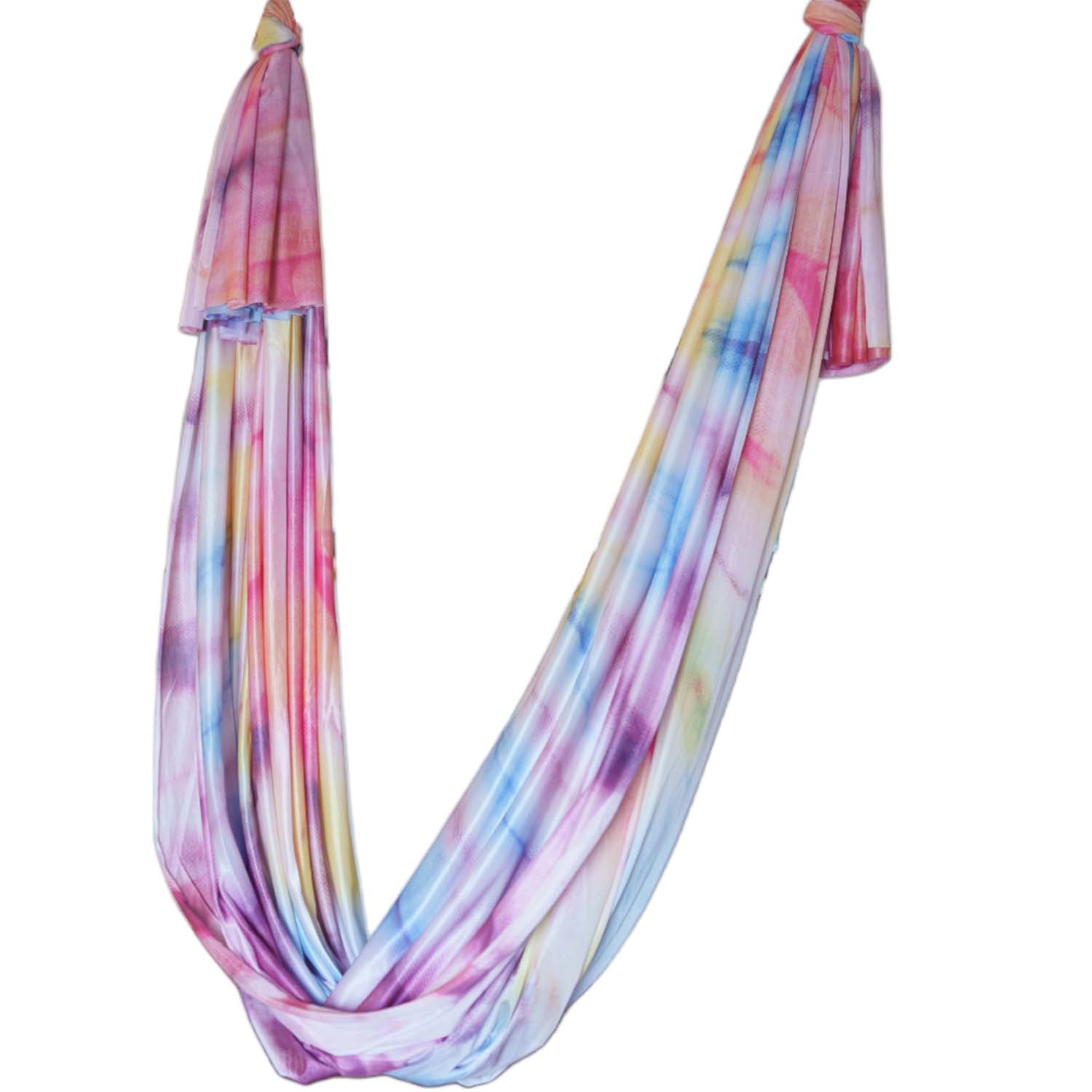 Hochwertige Tuchschlaufe in Regenbogenfarben: Blau, Gelb und Rot. Wenig dehnbar. Ideal für Aerial Yoga und erhältlich bei Marlene Kiepke. Tuchschlaufe Regenbogen 7 meter