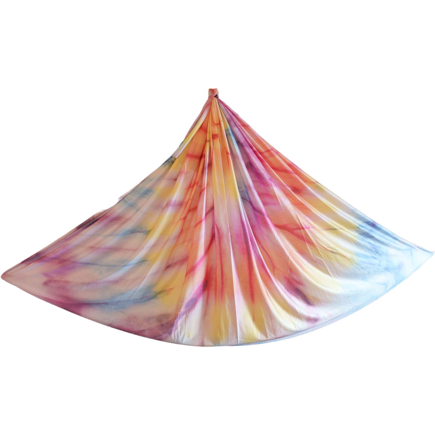 Regenbogenfarbene wenig dehnbare Tuchschlaufe für Aerial Yoga in Blau, Gelb und Rot. Hochwertig und vielseitig, perfekt für dich bei Marlene Kiepke. Tuchschlaufe Regenbogen 7 meter