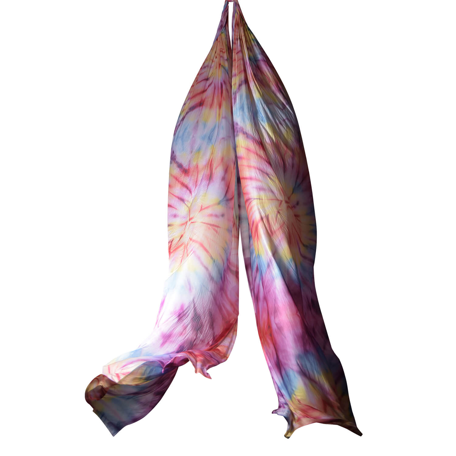 Vertikaltuch mit Regenbogenverlauf in Blau, Gelb und Rot, wenig dehnbar, hochwertige Aerial Silk aus dem Luftakrobatik Shop. Vertikaltuch Regenbogen 26 meter