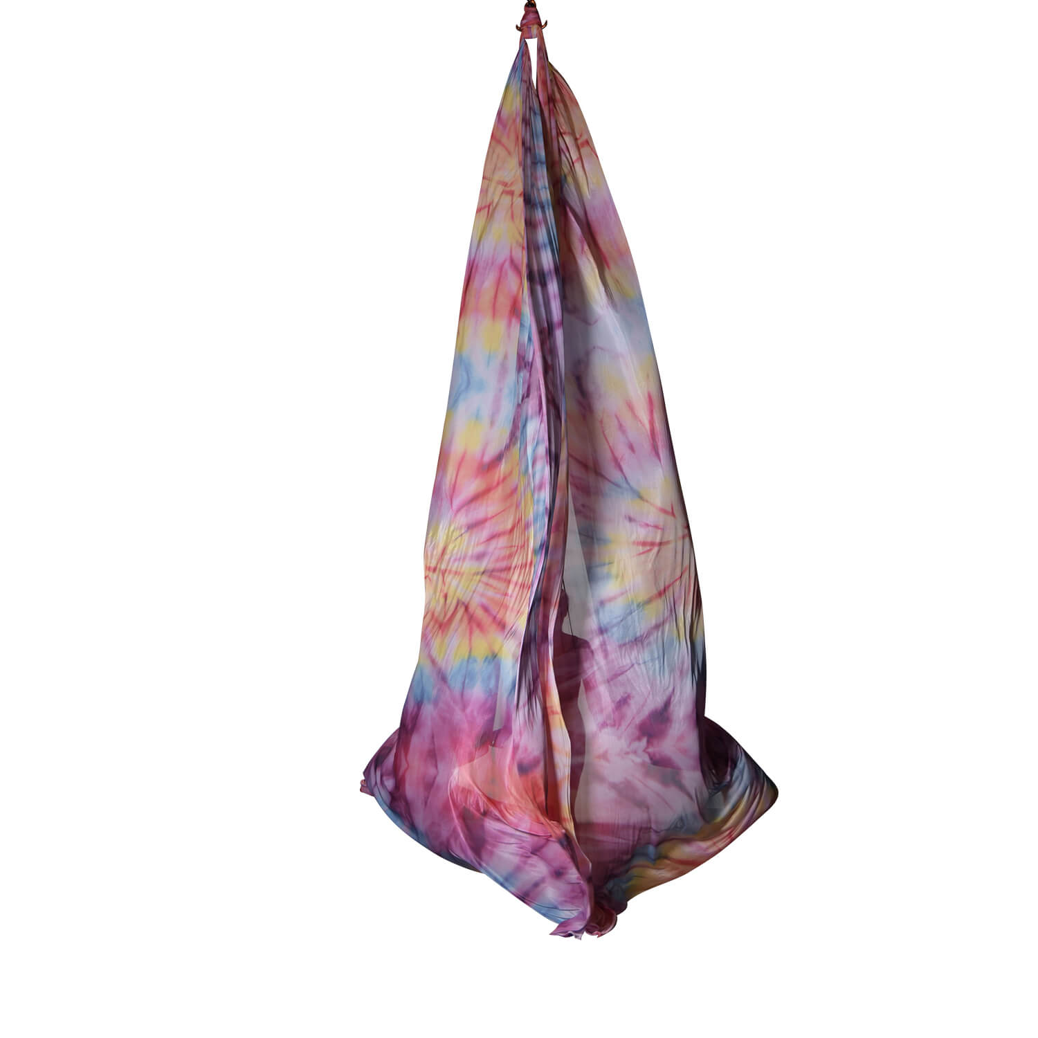 Buntes Vertikaltuch für Luftakrobatik im Regenbogen-Farbverlauf; wenig dehnbar, ideal im Luftakrobatik Shop. Vertikaltuch Regenbogen 26 meter