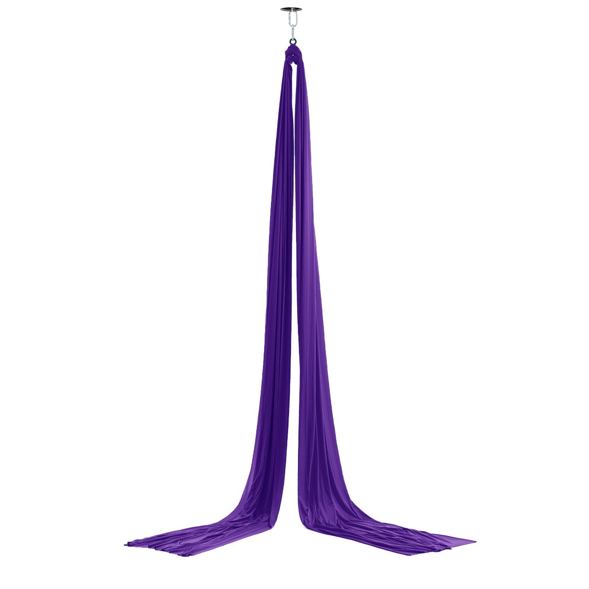 Schmal geschnittenes, wenig dehnbares lila Aerial Silk Vertikaltuch, ideal für kleine Hände, präsentiert Marlene Kiepke vom Fachhändler. Vertikaltuch Perlviolett schmal 26 meter