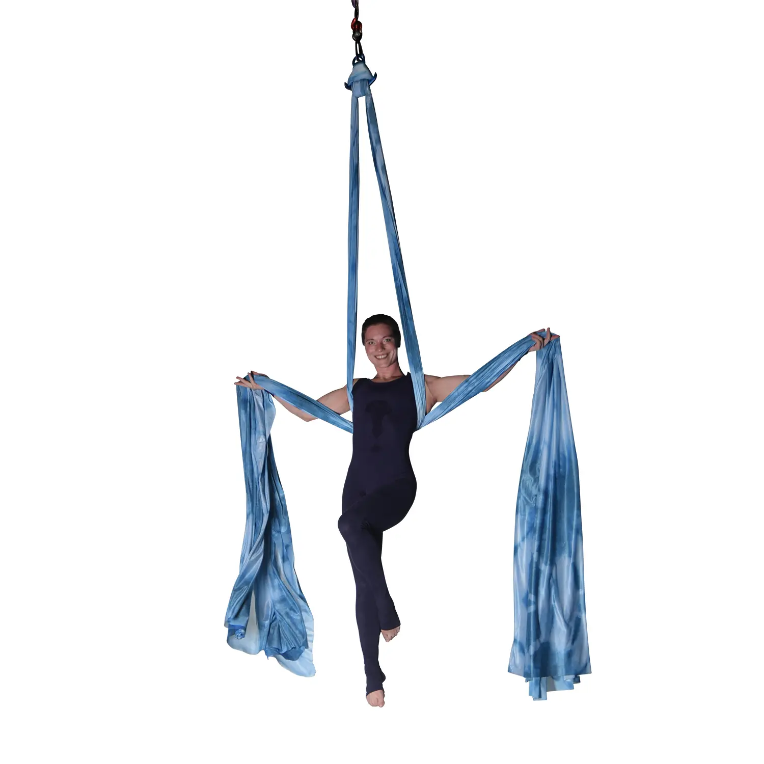 Aerial Silk in Blau, Hellblau und Weiß, wenig dehnbar, 22 Meter lang.