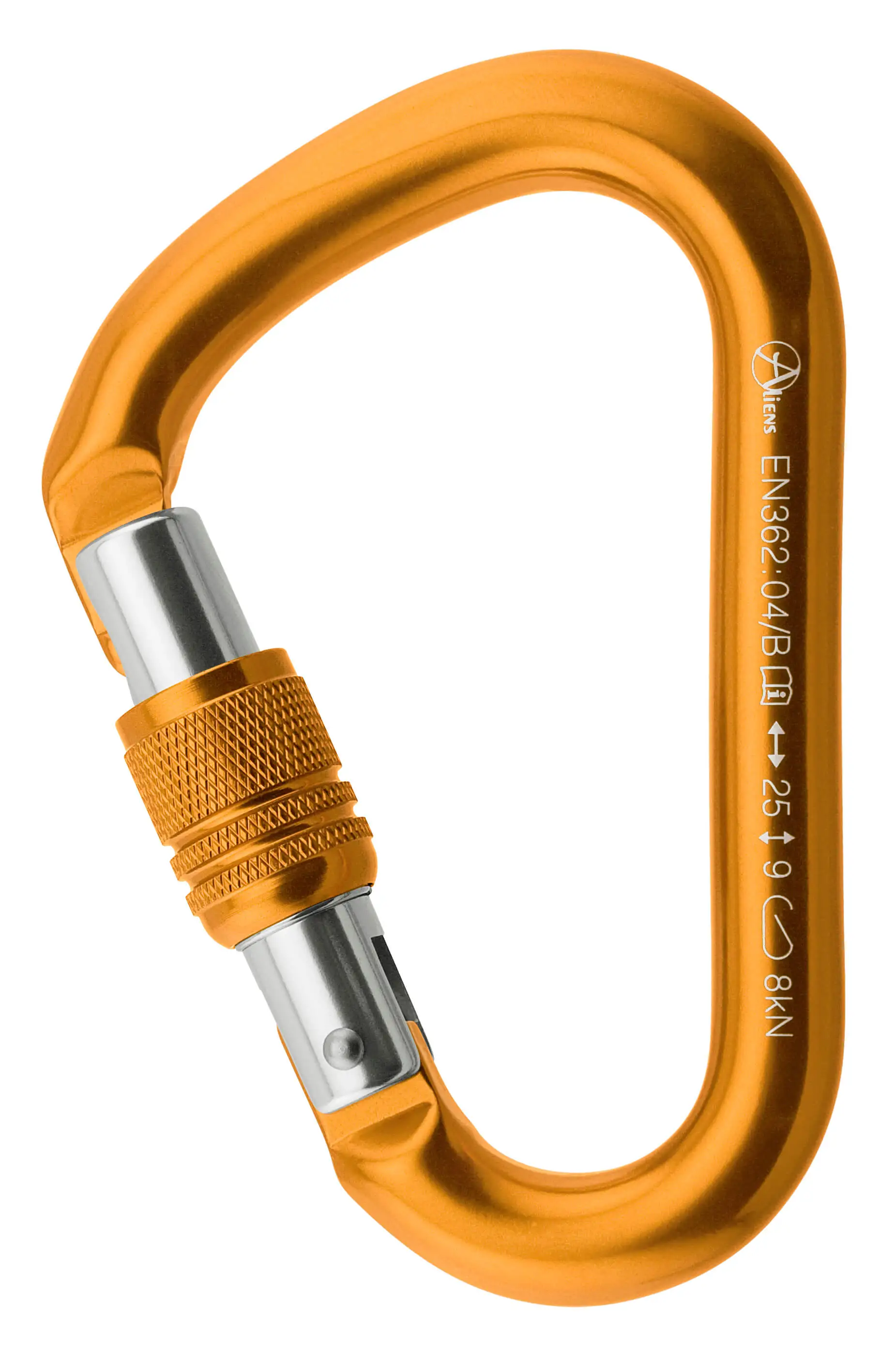 Goldfarbener Aluminium Karabiner mit Dreh-Verschluss und 2500 Kg Bruchlast, ideal für Luftakrobatik und Aerial Yoga, erhältlich im Luftakrobatik Shop.