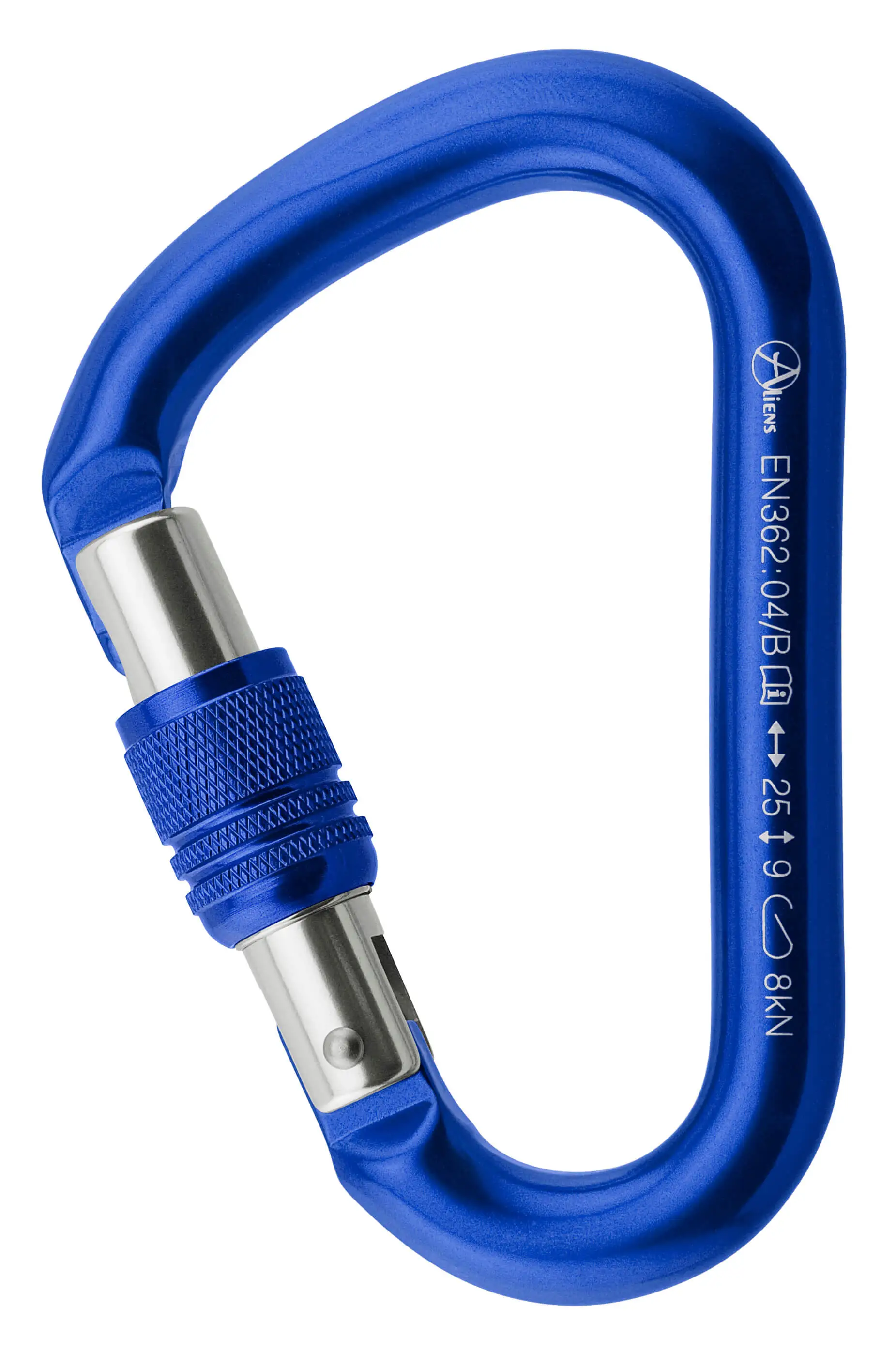 Blauer Aluminium-Karabiner mit Drehverschluss für Luftakrobatik, ideal für Aerial Yoga, Trapez, Luftring und Strapaten, hält bis zu 2500 kg.