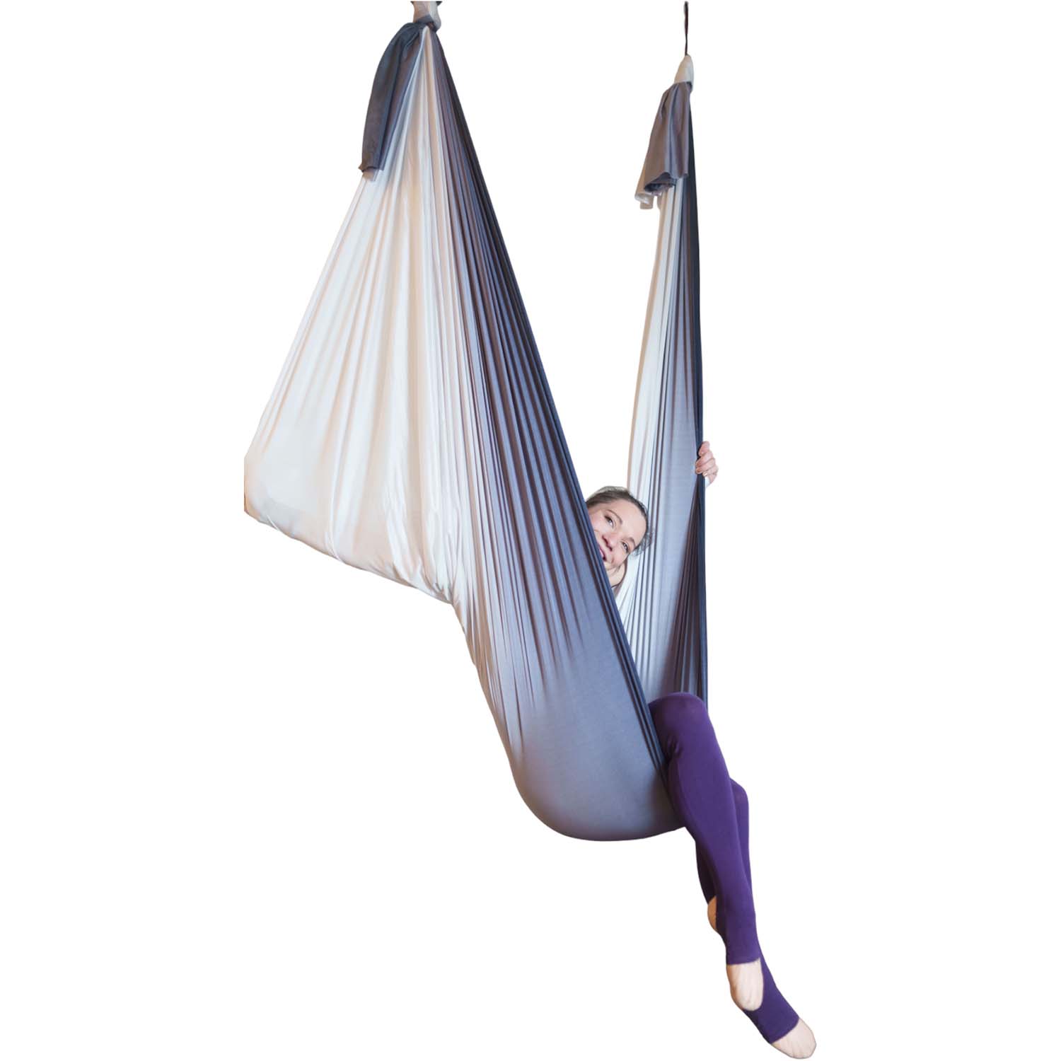 Schwarzweißes Aerial Yoga Tuch mit wenig dehnbaren Eigenschaften, optimal für Luftakrobatik, verfügbar im Luftakrobatik Shop.