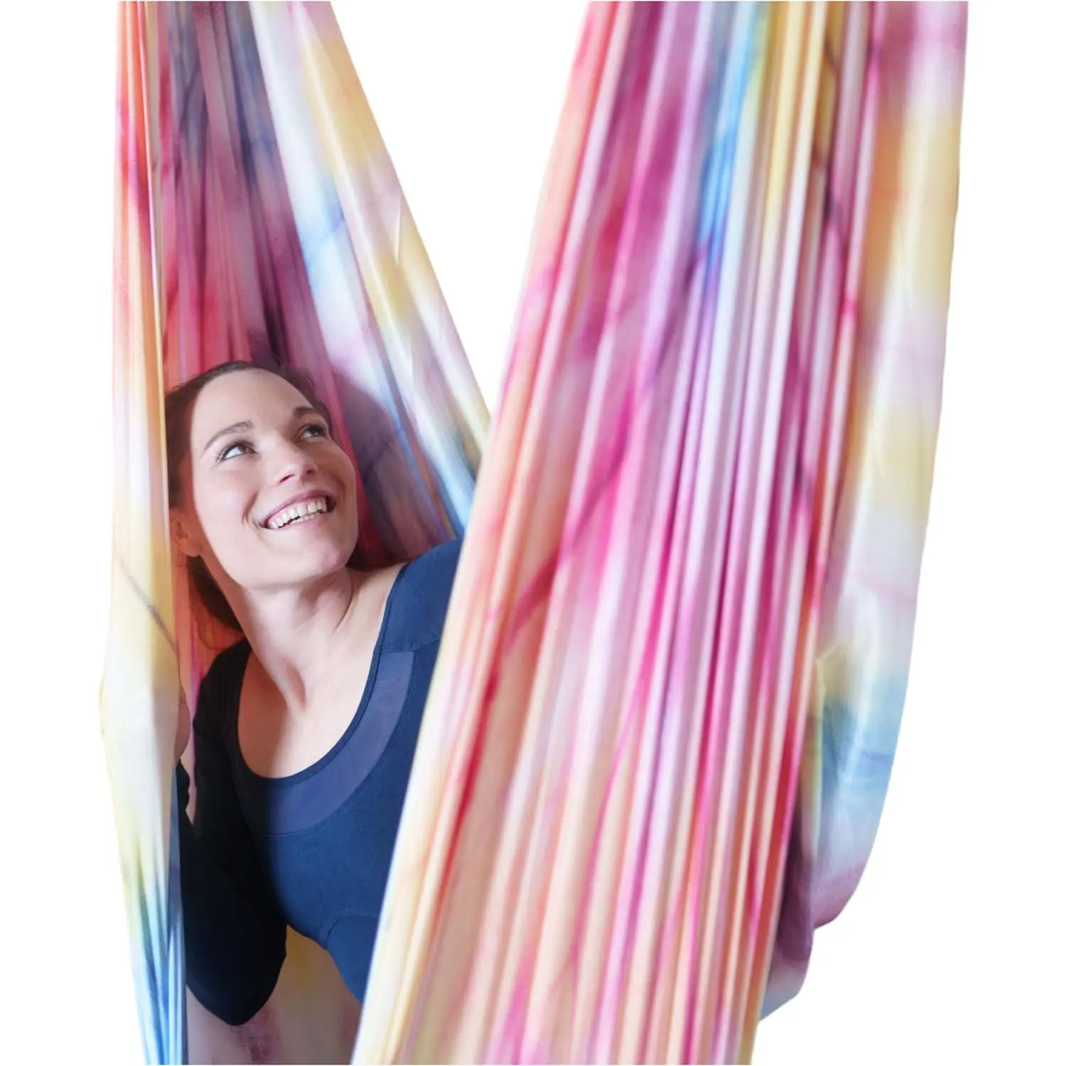 Hochwertige Tuchschlaufe Regenbogen mit sanftem Farbverlauf von blau, gelb bis rot. Wenig dehnbar – Ideal für Aerial Yoga aus dem Luftakrobatik Shop.