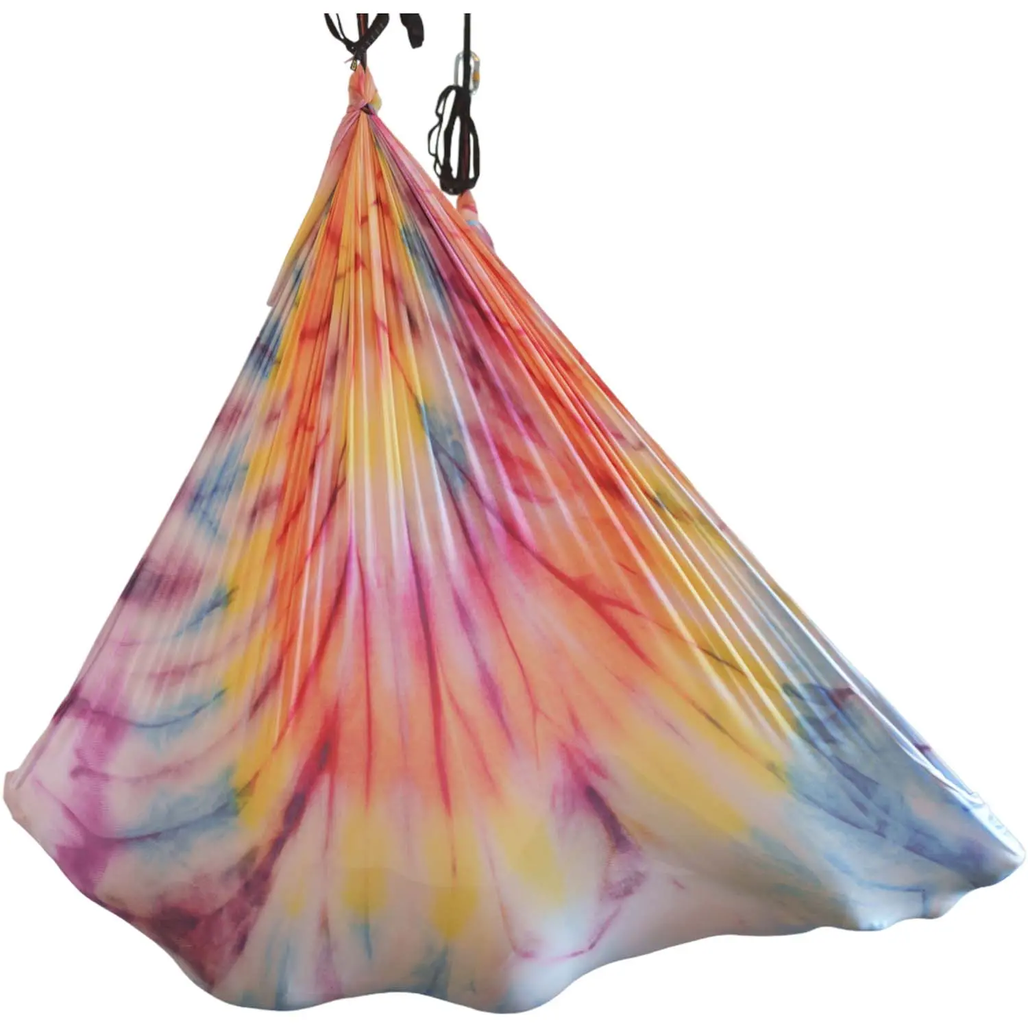 Buntes, wenig dehnbares Aerial Yoga Tuch in Regenbogenfarben blau, gelb und rot, erhältlich im Luftakrobatik Shop.