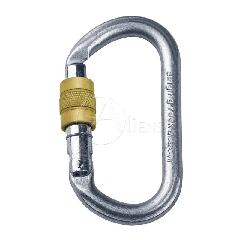 Ovale Stahlkarabiner in Silber mit goldenem Schraubverschluss für Luftakrobatik, Kletter- und Baumpflege, bis 3000 kg belastbar. Erhältlich im Luftakrobatik Shop.