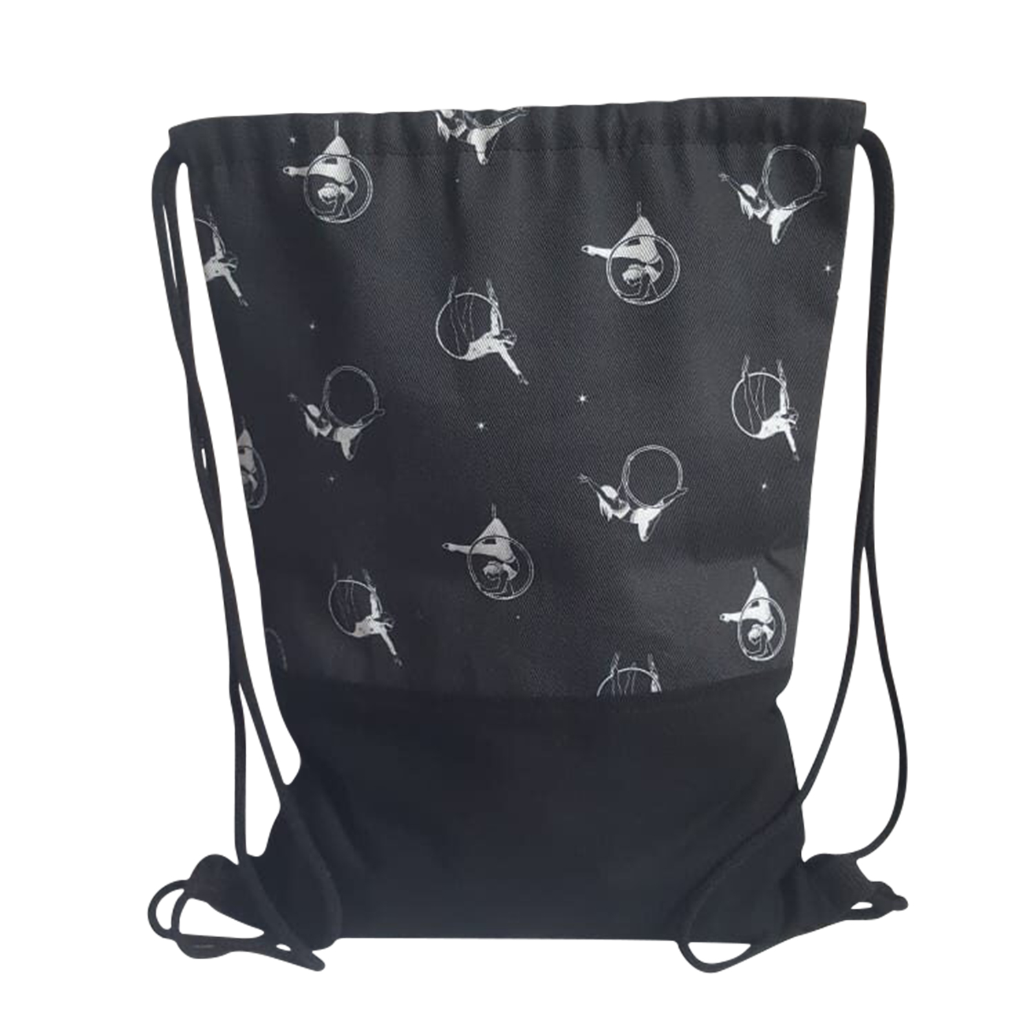 Praktische schwarze Trainingstasche mit luftakrobatischen Motiven; ideal für Yoga und Luftartistik; perfekte Größe für Anzug, Schminktasche, Wasserflasche.