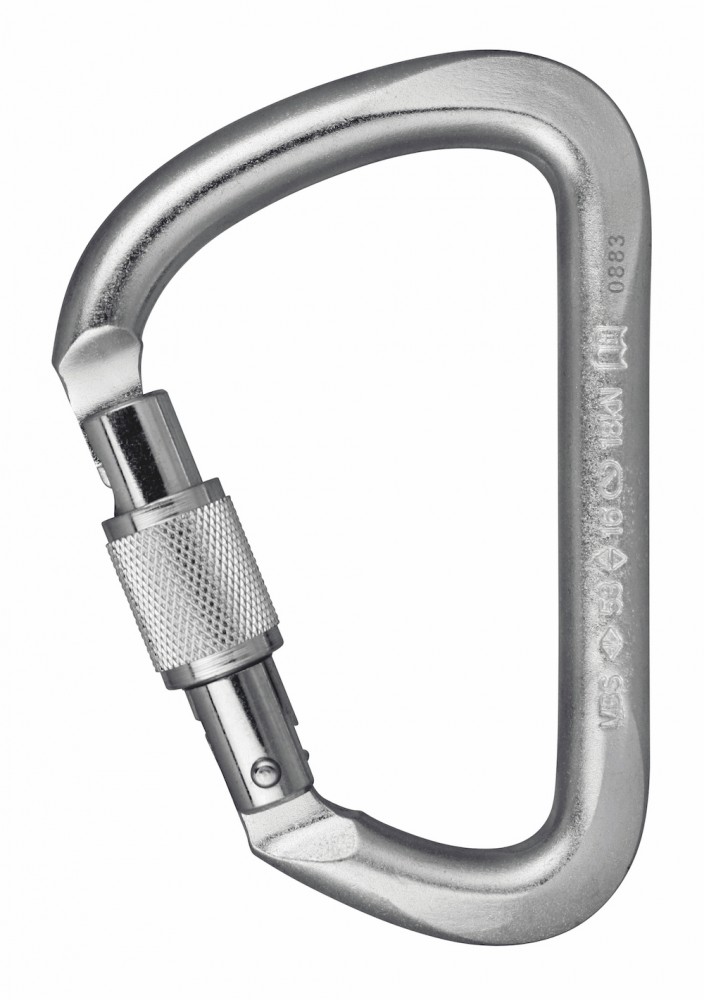 Stahlkarabiner in D-Form mit Drehverschluss, erhältlich in Schwarz und Silber, ideal für Luftakrobatik. Bruchlast von 5,3 Tonnen im Luftakrobatik Shop.