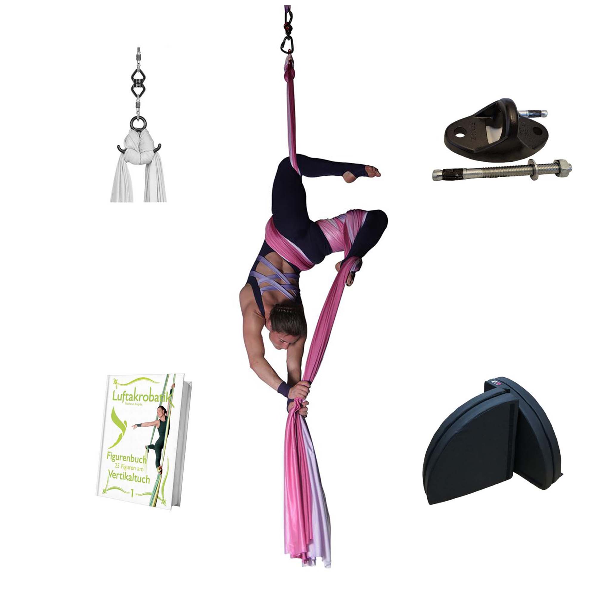 vertikaltuch kaufen - Luftakrobatik-shop kaufe dein Vertikaltuch mit unserem aerial silk komplettset konfigurator - deckenaufhaengungen, aufhaengesets fallschutzmatten und buecher fue vertikaltuch
