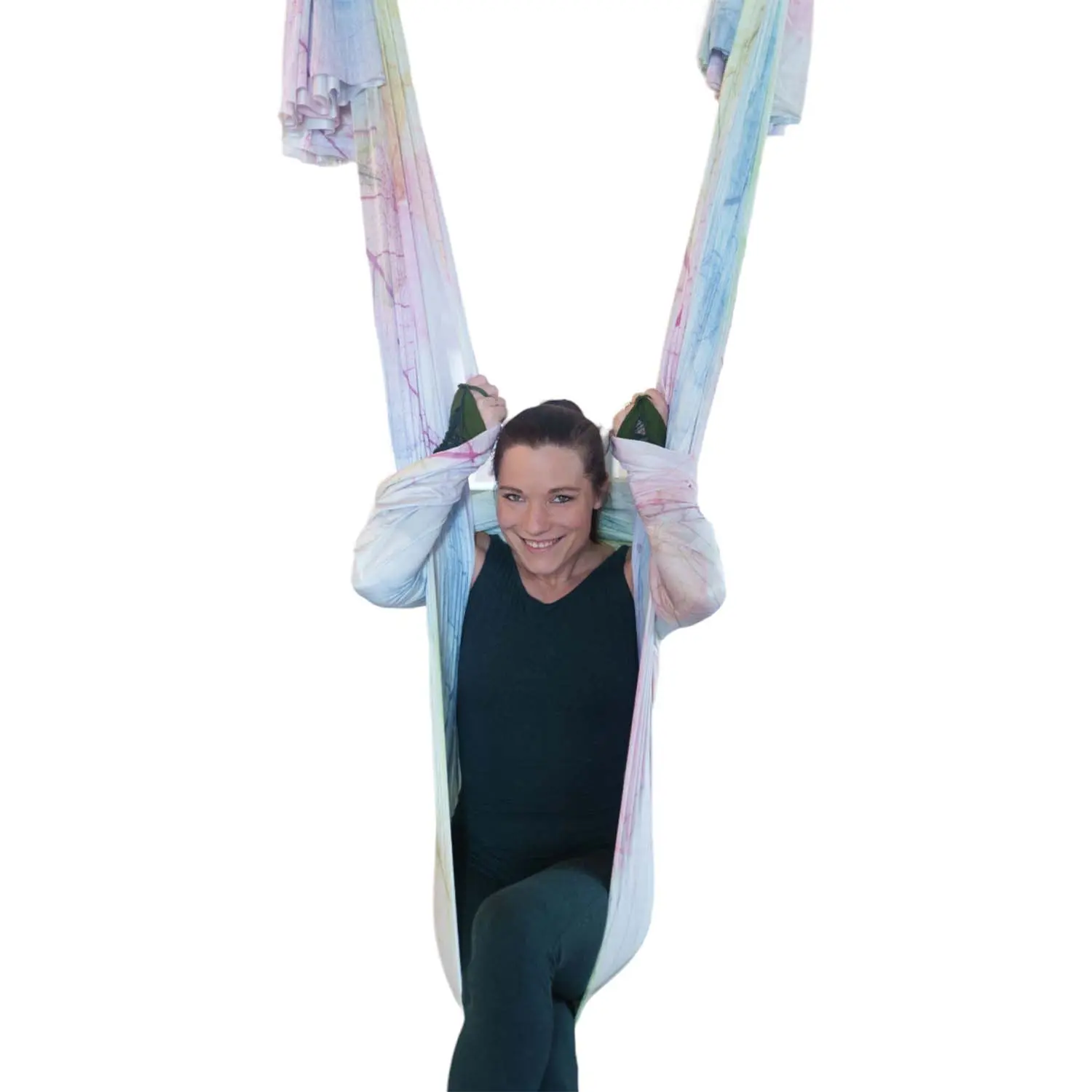 Ein wenig dehnbares Aerial Yoga Tuch in Blau, Gelb, Grün und Weiß. Das Tuch ist ideal für verschiedene Übungen und stammt aus dem Luftakrobatik Shop.