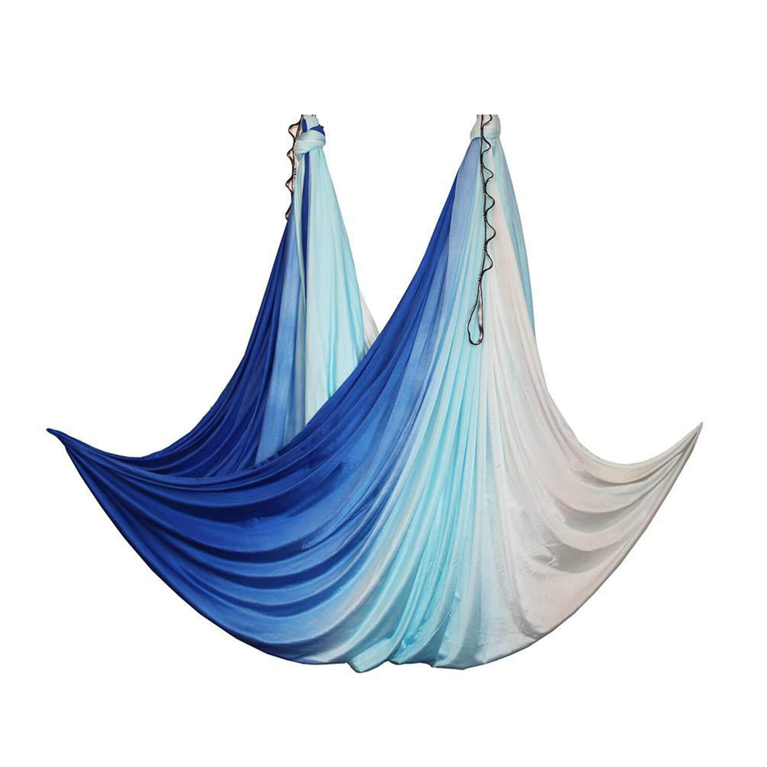 Ein großflächiges, weiches Tuch in blau, hellblau und weiß. Die wenig dehnbare Tuchschlaufe ist ideal für Aerial Yoga und Luftakrobatik Shop.