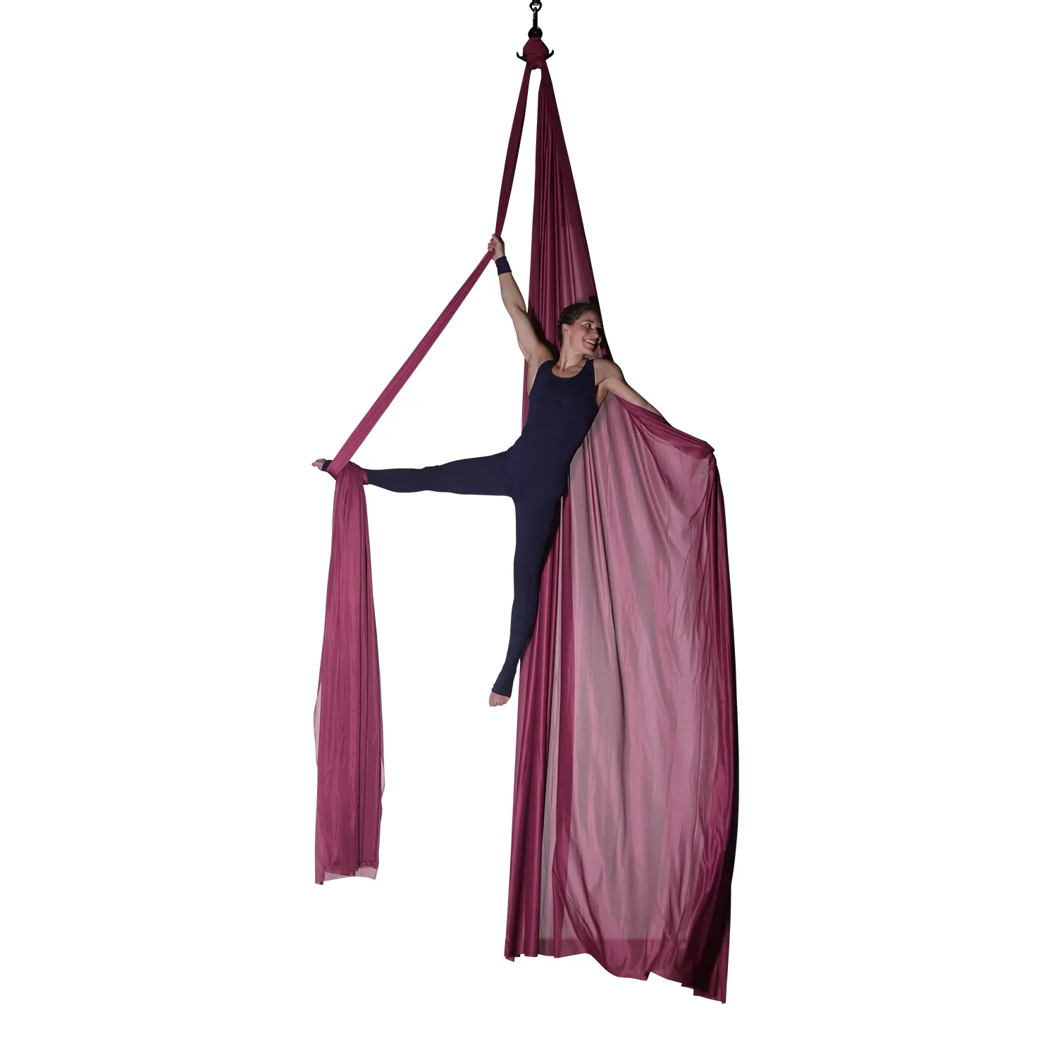 Bordeauxviolettes Vertikaltuch aus wenig dehnbarem Stoff, horizontal gewebt, 2,8 Meter breit, 10 Meter lang, ideal für Aerial Silk Training.