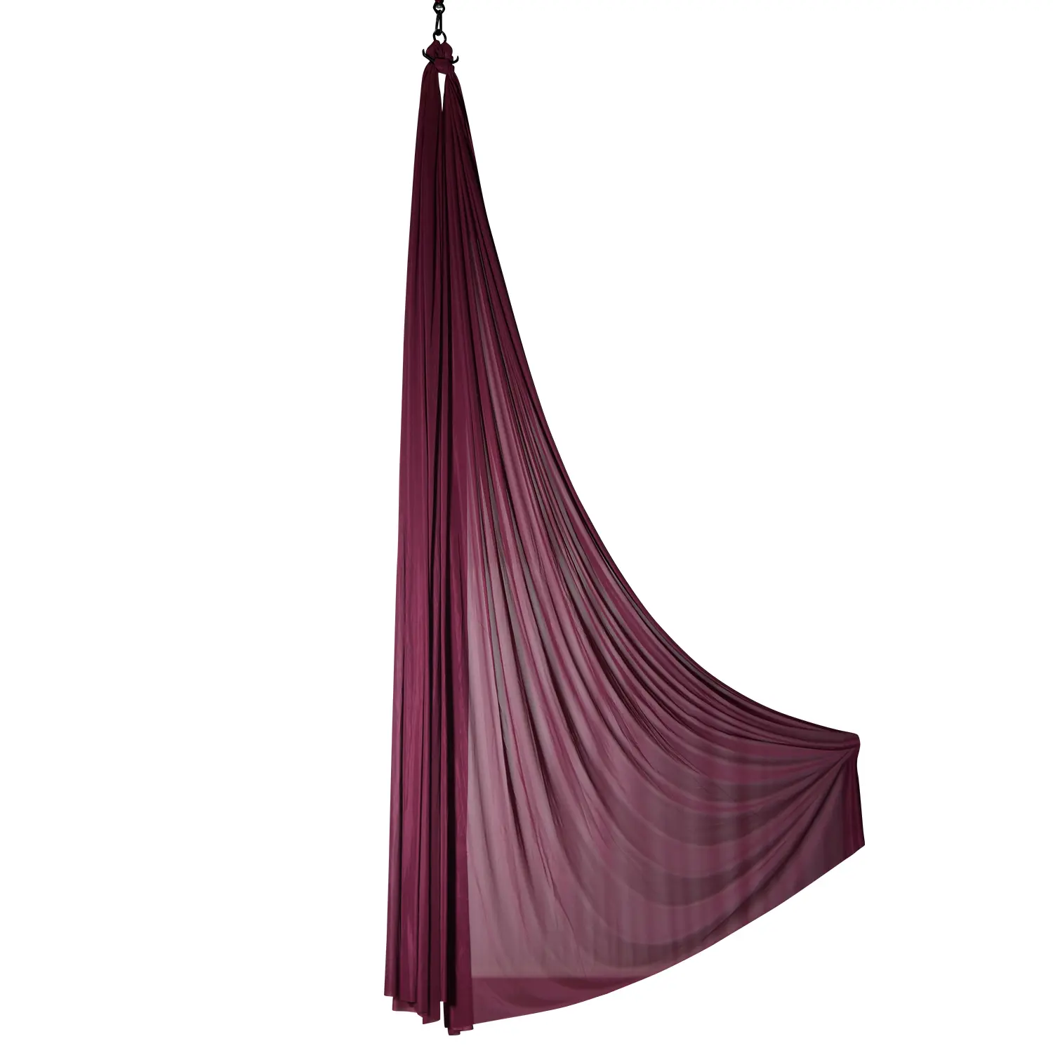 Dieses Bordeauxviolett Aerial Silk Vertikaltuch ist 14 Meter lang, 2,8 Meter breit, wenig dehnbar und kommt aus einem Luftakrobatik Shop.