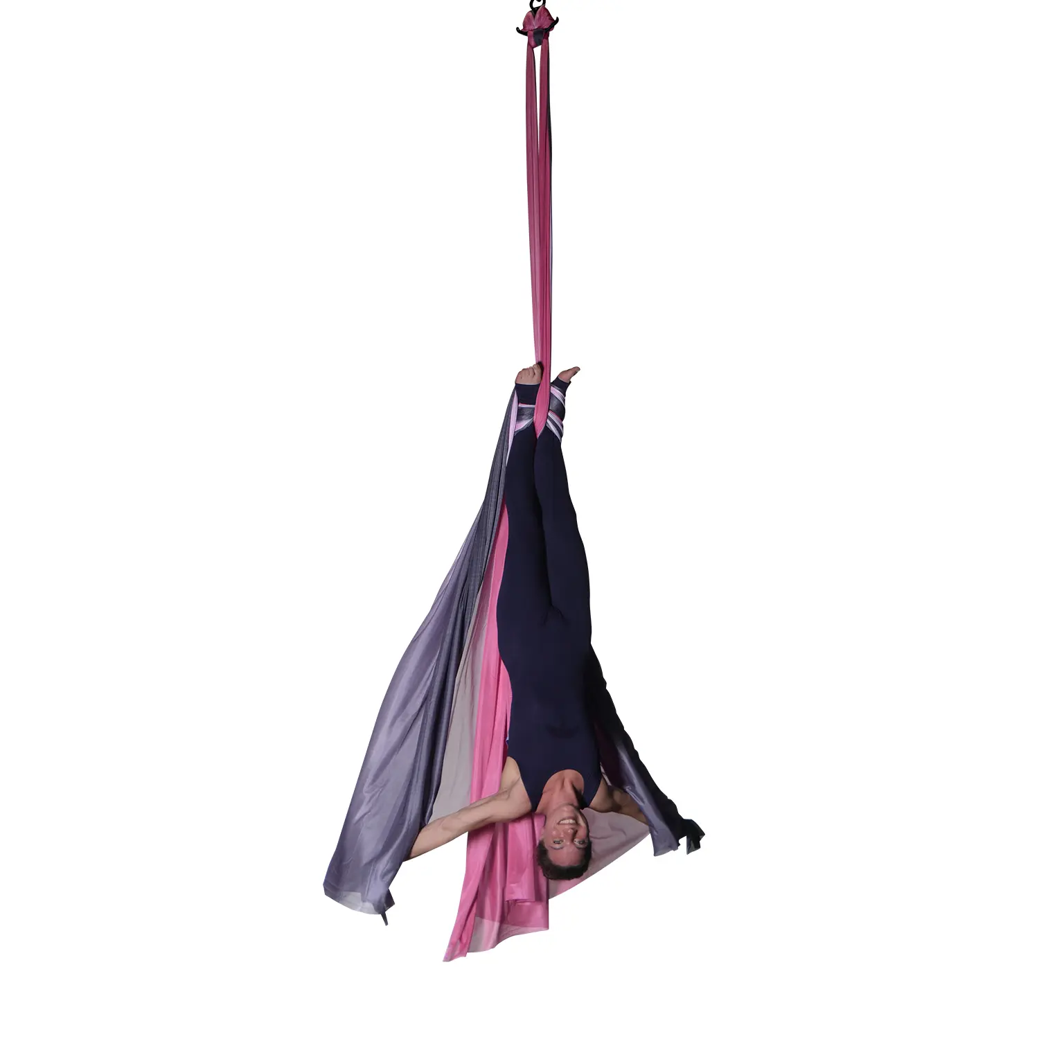 Ein wenig dehnbares, pink-schwarzes Aerial Silk Vertikaltuch von 10 Metern Länge und 2,5 Metern Breite, erhältlich im Luftakrobatik Shop, ideal für Anfänger und Profis.