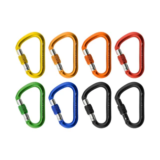 Viele bunte D-Aluminium Karabiner für Luftakrobatik. Für personenlasten zugelassene Aluminium-Karabiner für Aerial Silks, Vertikaltücher, Yogatücher, Trapeze und andere Luftakrobatikgeräte.