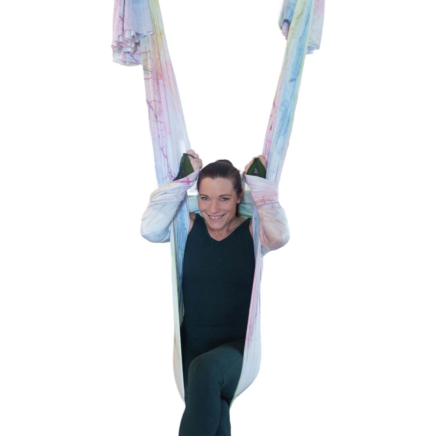 Aerial Yoga Tuch Blättertraum, wenig dehnbar, mit einem harmonischen Farbverlauf von Blau zu Gelb und Grüntönen - ideal für Luftakrobatik Shop.