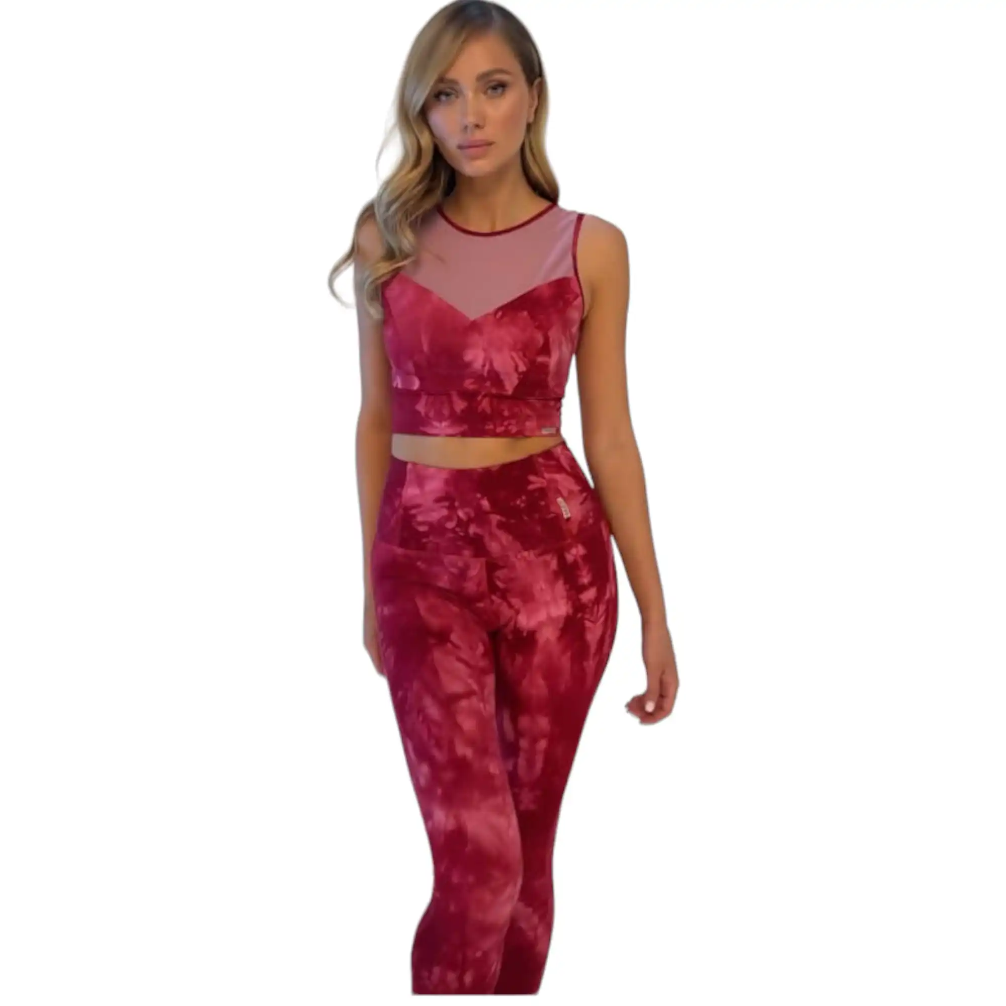 Rote Yoga Leggins mit sportlichem Design und dünnem Netz-Einsatz, ideal für Luftakrobatik. Das Bild aus dem Luftakrobatik Shop zeigt die Leggins ohne Oberteil.