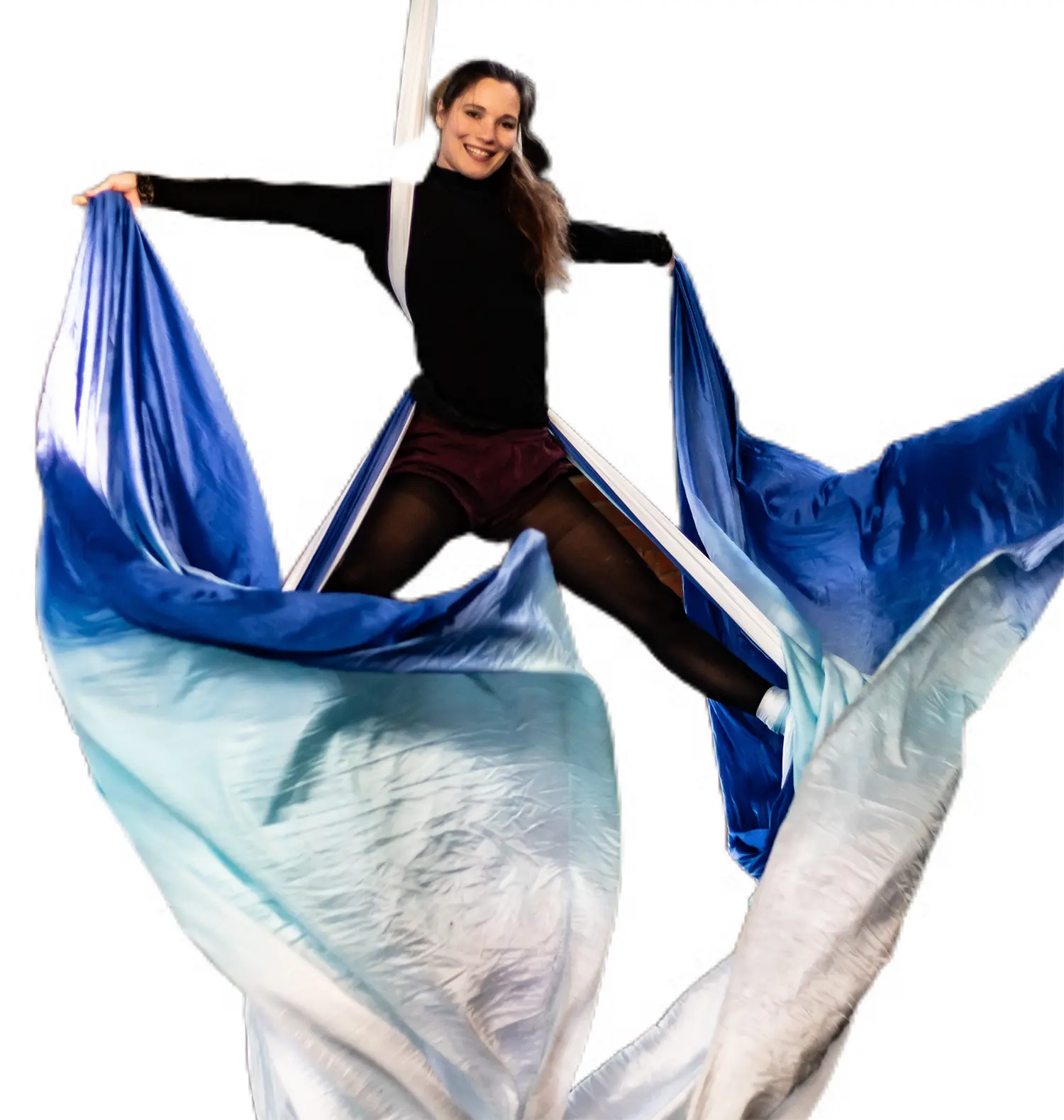 Aerial Silk Vertikaltuch "Meeresbriese" in Blau, Hellblau und Weiß, 18 Meter lang und 2,5 Meter breit, wenig dehnbar. Erhältlich im Luftakrobatik Shop.