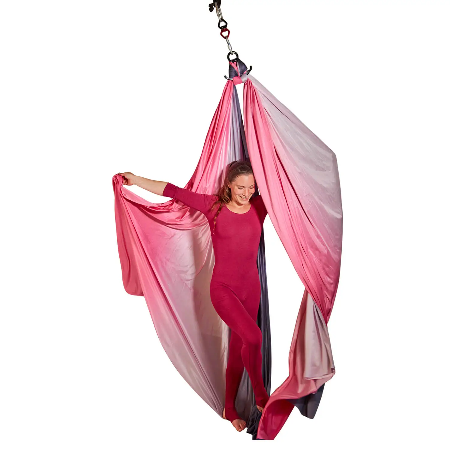 Wenig dehnbares Vertikaltuch in Pink, Schwarz und Weiß vom Luftakrobatik Shop, 8 Meter lang und ideal für Aerial Silk.