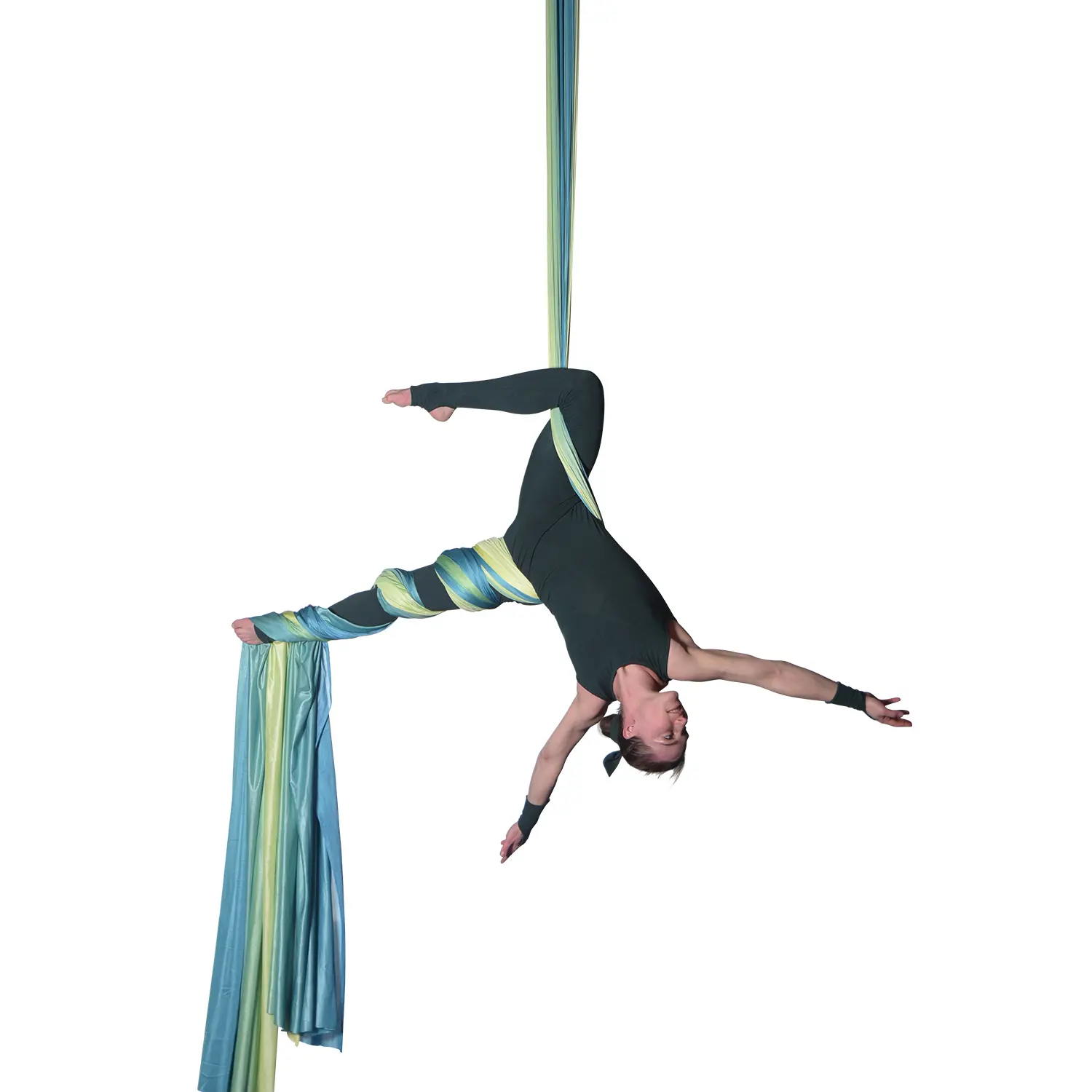 Vertikaltuch in Gelb, Grün und Petrol mit wenig Dehnung, perfekt für Aerial Silk Übungen.